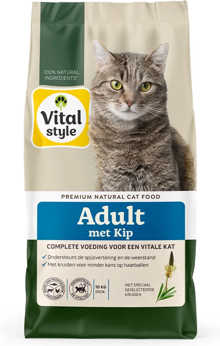 Adult Met Kip - Kattenbrokken - Gevarieerde Voeding Voor Een Levenslustige Kat - Met o.a. Peterselie & Smalle Weegbree - 10 kg by VitalStyle – product photo