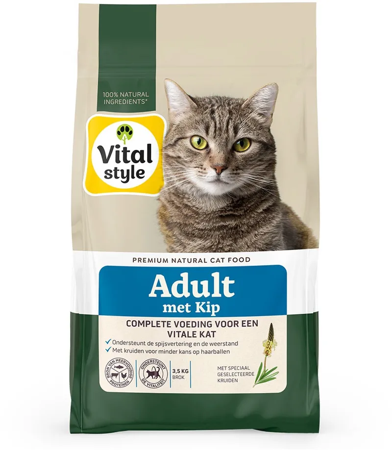 Adult Met Kip - Kattenbrokken - Gevarieerde Voeding Voor Een Levenslustige Kat - Met o.a. Peterselie & Smalle Weegbree - 3,5 kg de VitalStyle – photo produit
