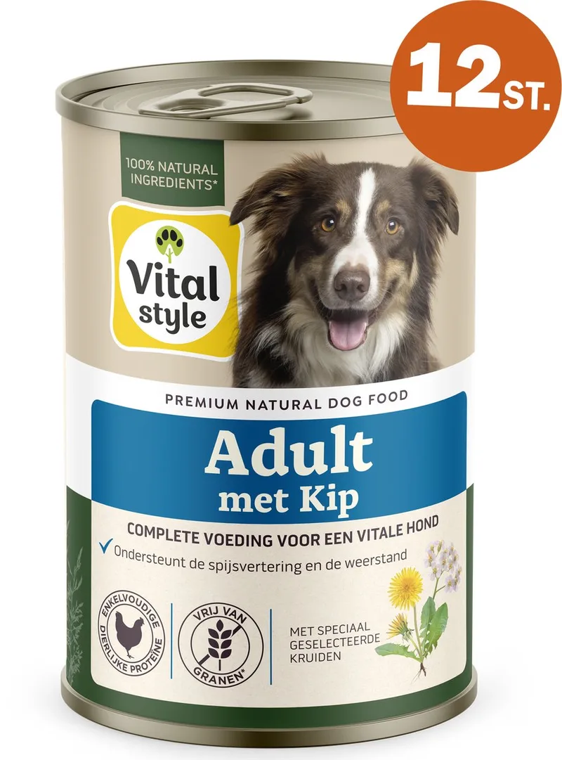 Adult Met Kip - Natvoer - Alles Voor Een Vitale Hond - Met o.a. Lijnzaadolie & Duizendblad - 12 x 400 g by VitalStyle – product photo