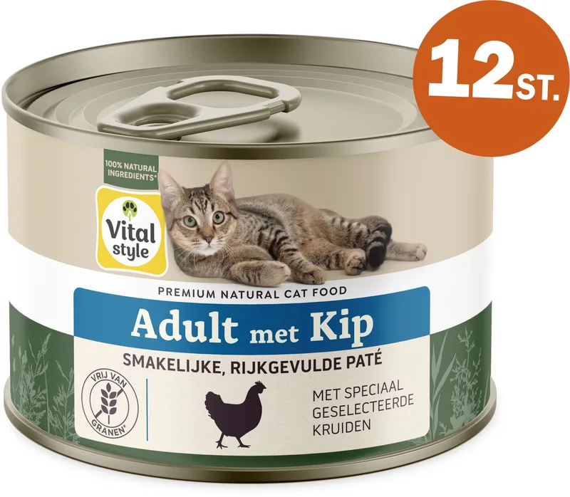 Adult Met Kip - Natvoer - Gevarieerde Voeding Voor Een Levenslustige Kat - Met o.a. Catnip & Peterselie - 12 x 200 g von VitalStyle – Produktfoto