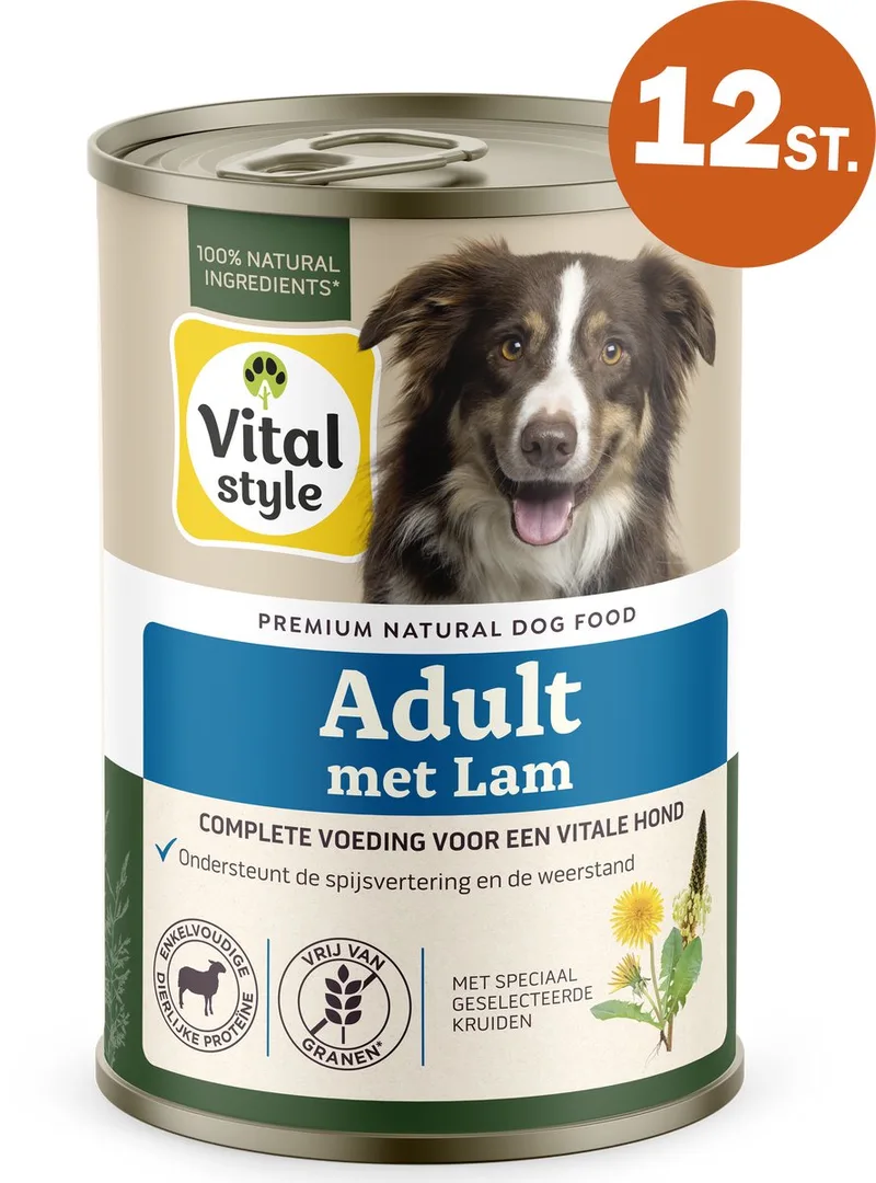 Adult Met Lam - Natvoer - Alles Voor Een Vitale Hond - Met o.a. Pompoen & Smalle Weegbree - 12 x 400 g von VitalStyle – Produktfoto