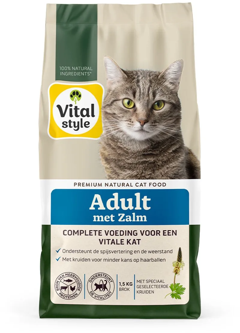 Adult Met Zalm - Kattenbrokken - Gevarieerde Voeding Voor Een Levenslustige Kat - Met o.a. Peterselie & Rozemarijn - 1,5 kg de VitalStyle – photo produit