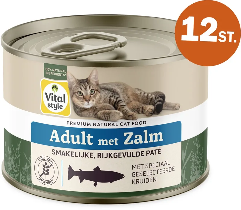 Adult Met Zalm - Natvoer - Gevarieerde Voeding Voor Een Levenslustige Kat - Met o.a. Catnip & Peterselie - 12 x 200 g by VitalStyle – product photo
