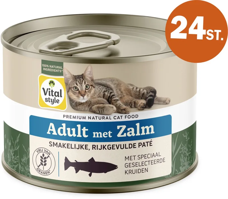 Adult Met Zalm - Natvoer - Gevarieerde Voeding Voor Een Levenslustige Kat - Met o.a. Catnip & Peterselie - 24 x 200 g de VitalStyle – photo produit
