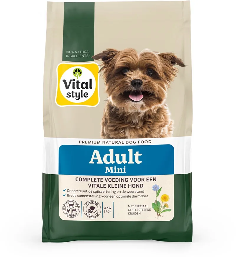 Adult Mini- Kleine Hondenbrokken - Alles Voor Een Vitale Hond - Met o.a. Paardenbloemwortel & Citroenmelisse - 3 kg by VitalStyle – product photo