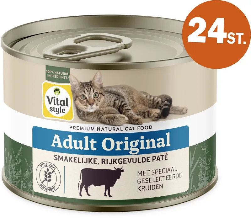 Adult Original - Kattenvoer Natvoer - Met Rund - Gevarieerde Voeding Voor Een Levenslustige Kat - Met o.a. Catnip & Peterselie - 24 x 200 g de VitalStyle – photo produit