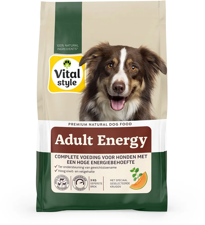 Energy - Geperste Hondenbrokken - Extra Energie Voor Optimale Prestatie - Actief- Met o.a. Brandnetel & Meloen -3 kg de VitalStyle – photo produit
