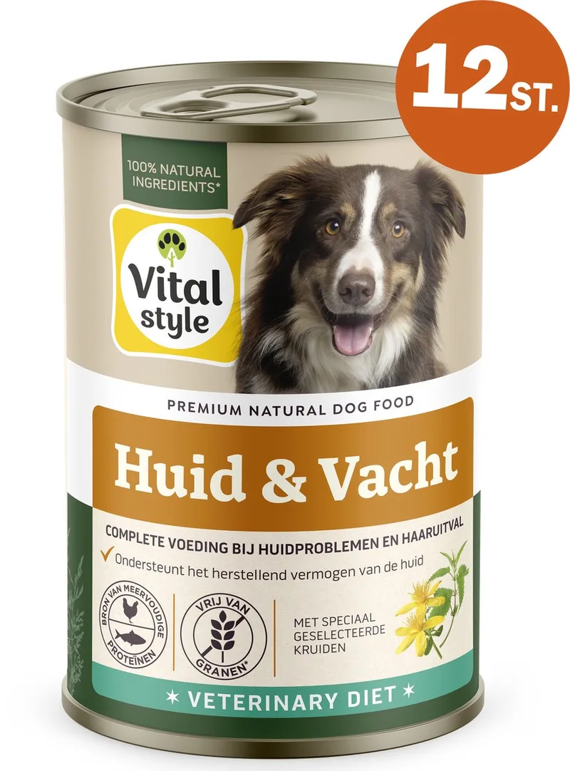 Huid & Vacht - Hond Natvoer - Ondersteunt Bij Huidproblemen En Extreem Verharen - Met o.a. Brandnetel & Sint Janskruid - 12 x 400 g de VitalStyle – photo produit