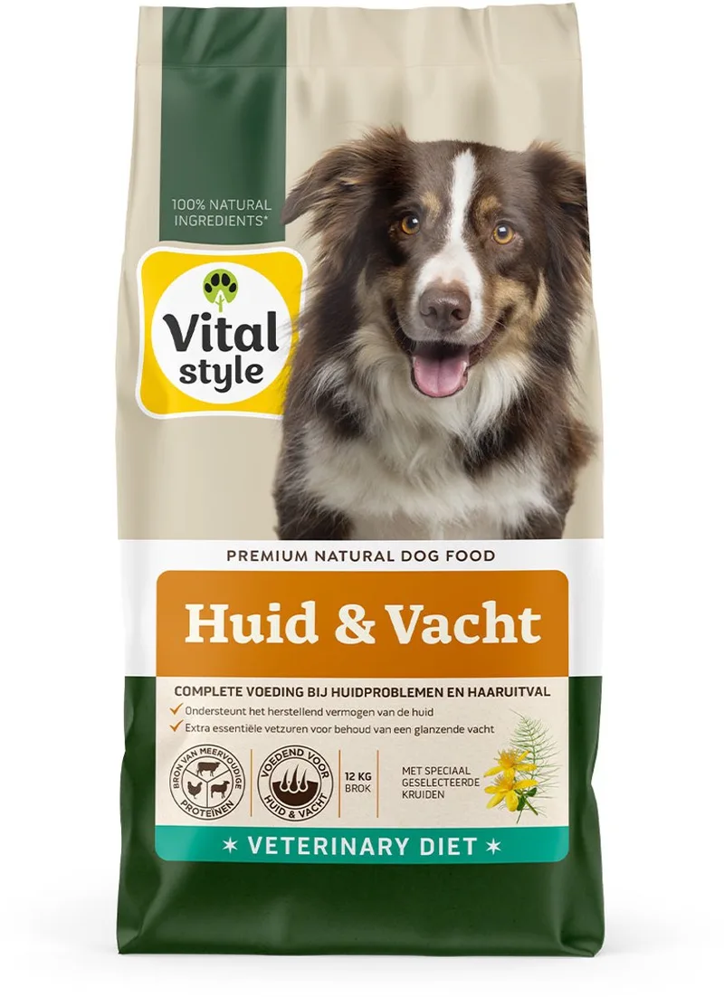 Huid & Vacht - Hondenbrokken - Ondersteunt Bij Huidproblemen En Extreem Verharen - Met o.a. Mariadistel & Heermoes – 12 kg de VitalStyle – photo produit