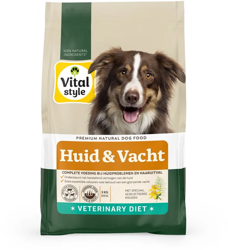 Huid & Vacht - Hondenbrokken - Ondersteunt Bij Huidproblemen En Extreem Verharen - Met o.a. Mariadistel & Heermoes – 3 kg by VitalStyle – product photo