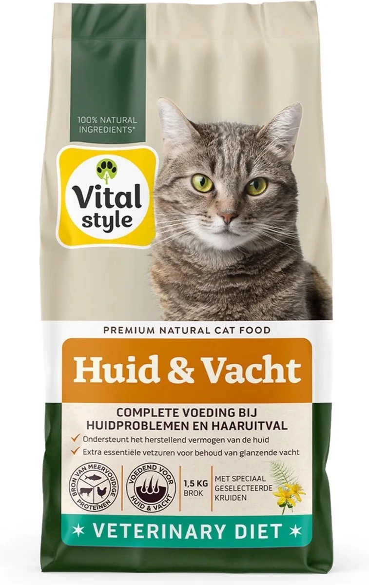 Huid & Vacht - Kattenbrokken - Ondersteunt Bij Huidproblemen En Extreem Verharen - Met o.a. Mariadistel & Heermoes - 1,5 kg de VitalStyle – photo produit