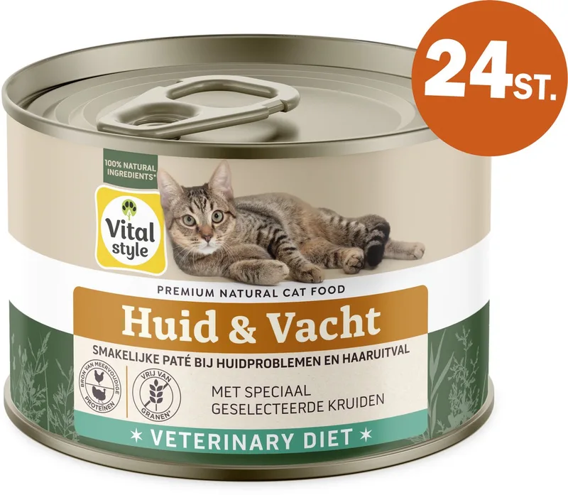 Huid & Vacht - Kattenvoer Natvoer - Ondersteunt Bij Huidproblemen En Extreem Verharen - Met o.a. Brandnetel & Sint Janskruid - 24 x 200 g von VitalStyle – Produktfoto
