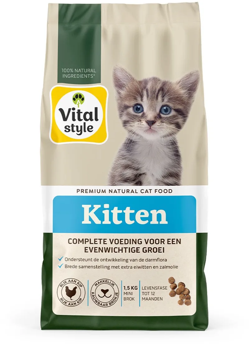 Kitten - Kitten Brokken - Brede Samenstelling En Hoog Eiwitgehalte Voor Gezonde Groei - Met o.a. Brandnetel & Valeriaan - 1,5 kg by VitalStyle – product photo