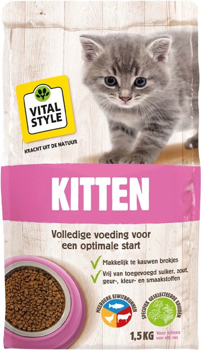 Kitten - Kitten Brokken - Brede Samenstelling En Hoog Eiwitgehalte Voor Gezonde Groei - Met o.a. Brandnetel & Valeriaan - 1,5 kg von VitalStyle – Produktfoto