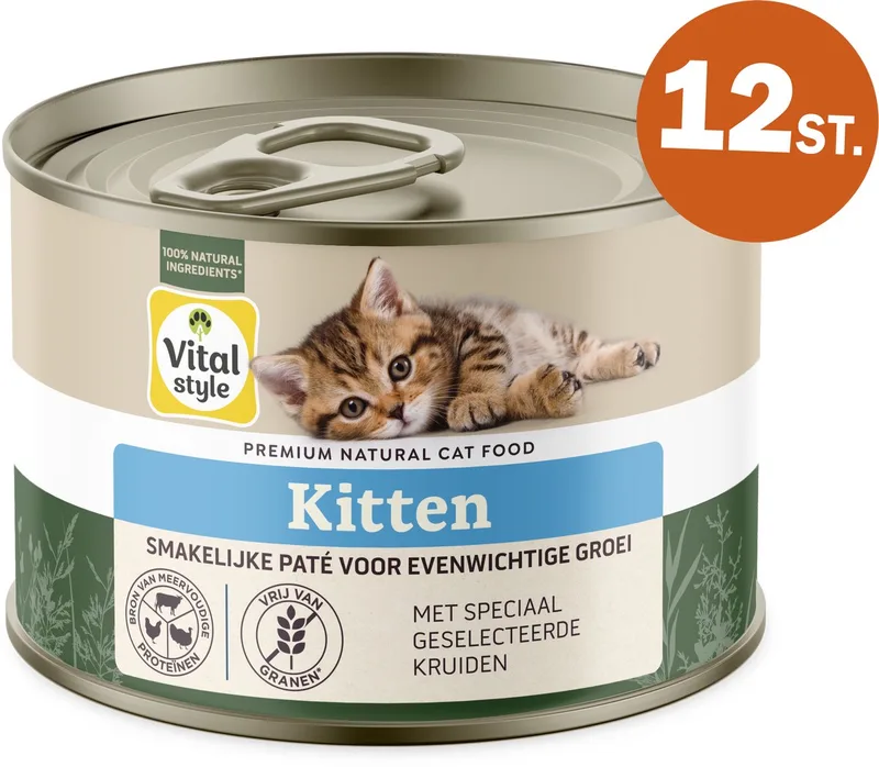 Kitten - Natvoer - Brede Samenstelling En Hoog Eiwitgehalte Voor Gezonde Groei - Met o.a. Kamille & Catnip - 12 x 200 g by VitalStyle – product photo