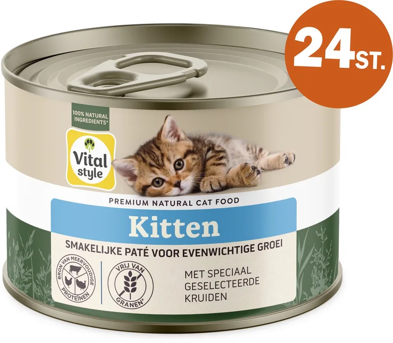 Kitten - Natvoer - Brede Samenstelling En Hoog Eiwitgehalte Voor Gezonde Groei - Met o.a. Kamille & Catnip - 24 x 200 g by VitalStyle – product photo