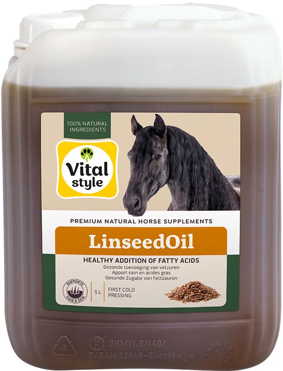 LijnzaadOlie - Paarden Supplement - Eerste Koude Persing - Spijsvertering, Huid & Glanzende Vacht - 5 L de VitalStyle – photo produit