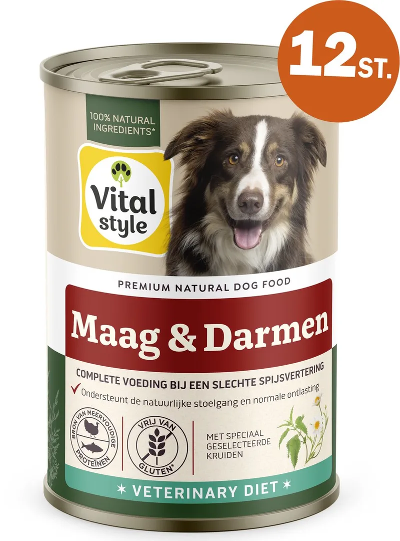 Maag & Darmen- Natvoer - Voor Honden Met Een Gevoelige Spijsvertering - Met o.a. Heemswortel & Rozemarijn - 12 x 400 g von VitalStyle – Produktfoto