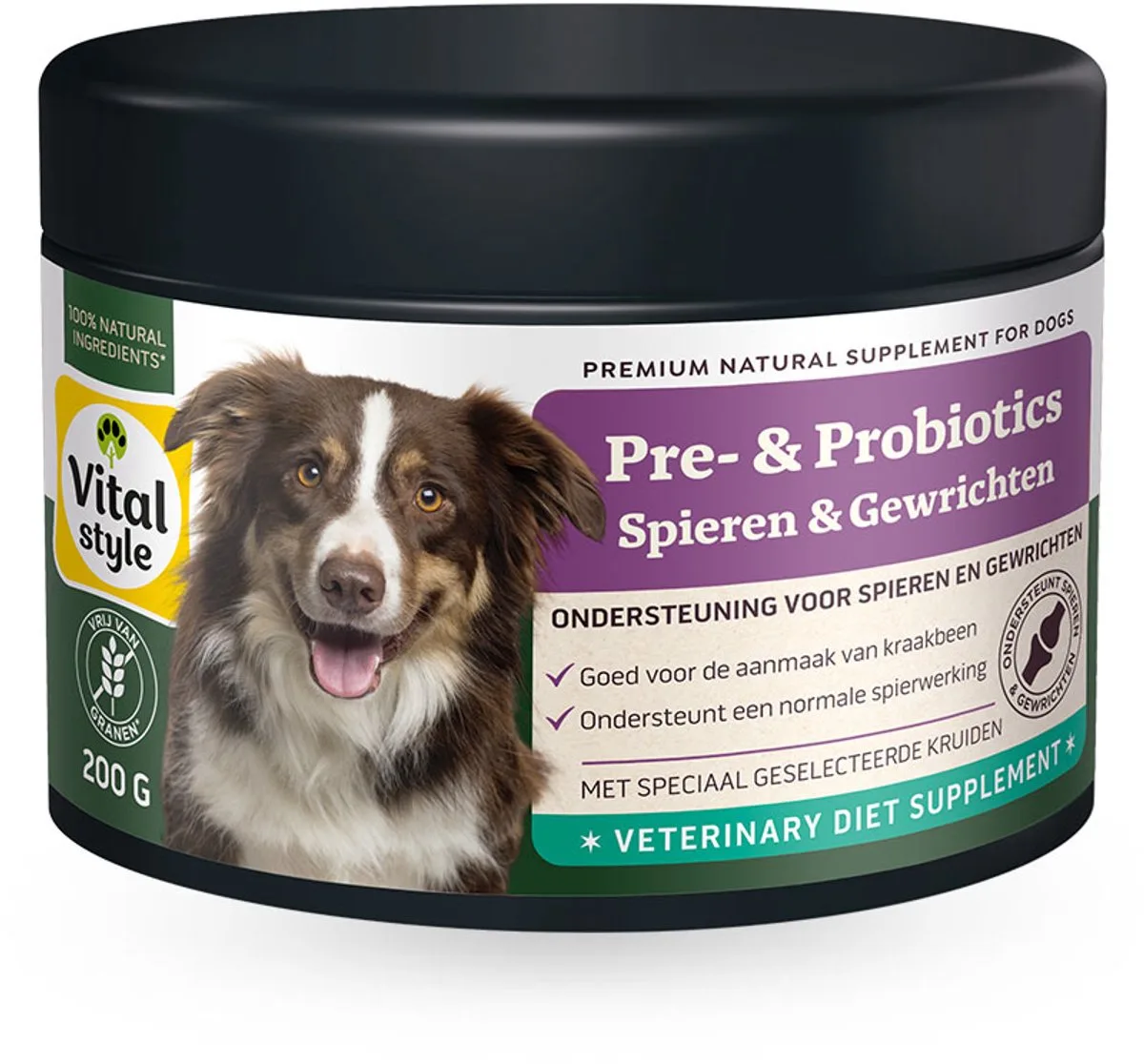 Pre- & Probiotics Spieren & Gewrichten - Honden Supplementen - Ondersteunt Kraakbeen en Spieren - Met Prebiotica & Probiotica - Poeder - 200 g van VitalStyle – productfoto