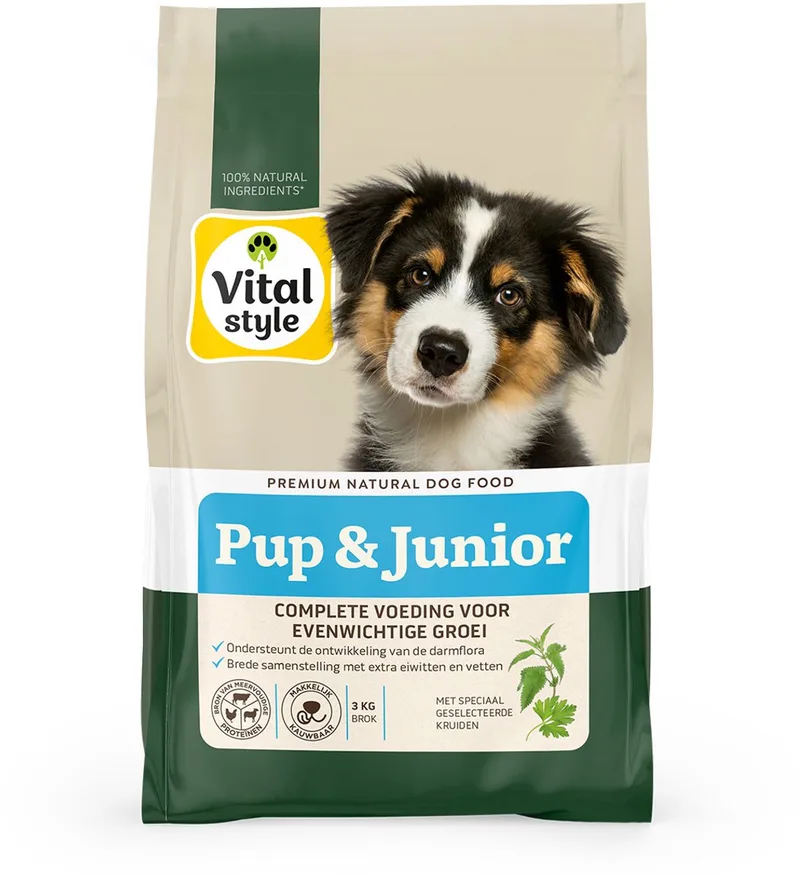 Pup & Junior - Hondenvoer - Puppy Brokken - Ondersteunt Een Geleidelijke Groei - Met o.a. Brandnetel & Peterselie - 3 kg fra VitalStyle – produktbillede