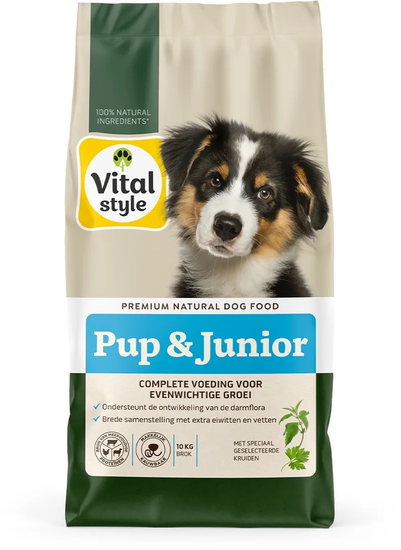 Pup & Junior - Hondenvoer - Puppy Brokken - Ondersteunt Een Geleidelijke Groei - Met o.a. Brandnetel & Peterselie - 10 kg fra VitalStyle – produktbillede