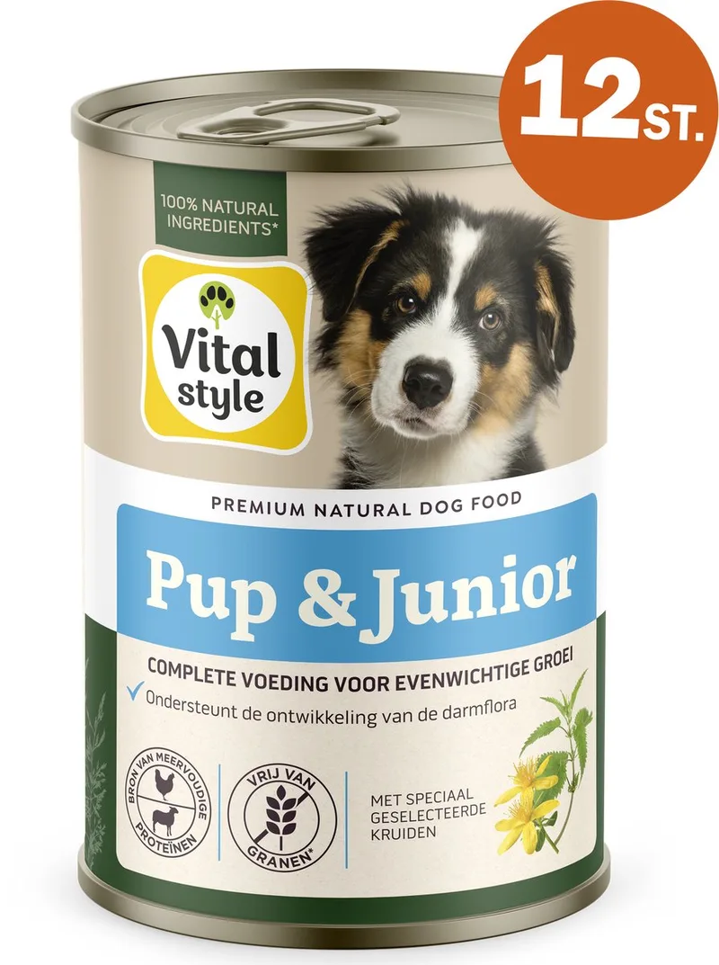 Pup & Junior - Puppyvoer - Natvoer - Ondersteunt Een Geleidelijek Groei - Met o.a. Brandnetel & Zalmolie - 12 x 400 g by VitalStyle – product photo