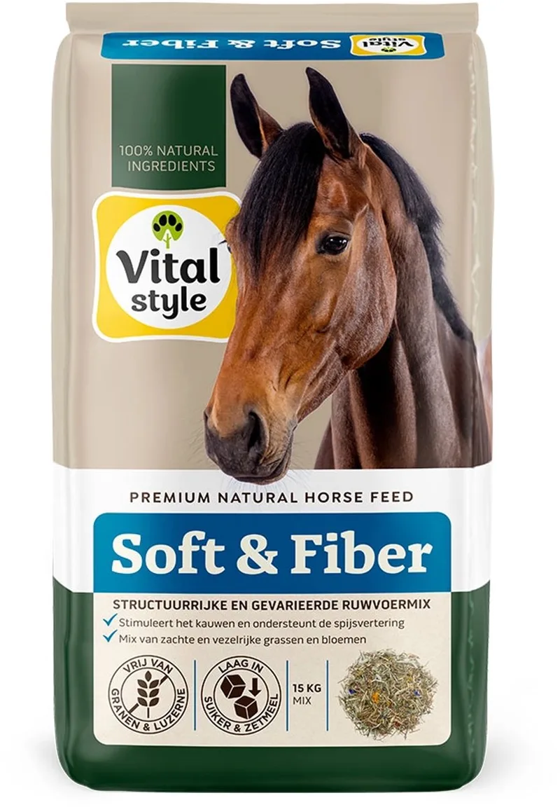 Ruwvoermix Soft & Fiber - Stimuleert kauwen En Ondersteunt De Spijsvertering - Met o.a. Esparcette & Timothy Hooi - 15 kg by VitalStyle – product photo