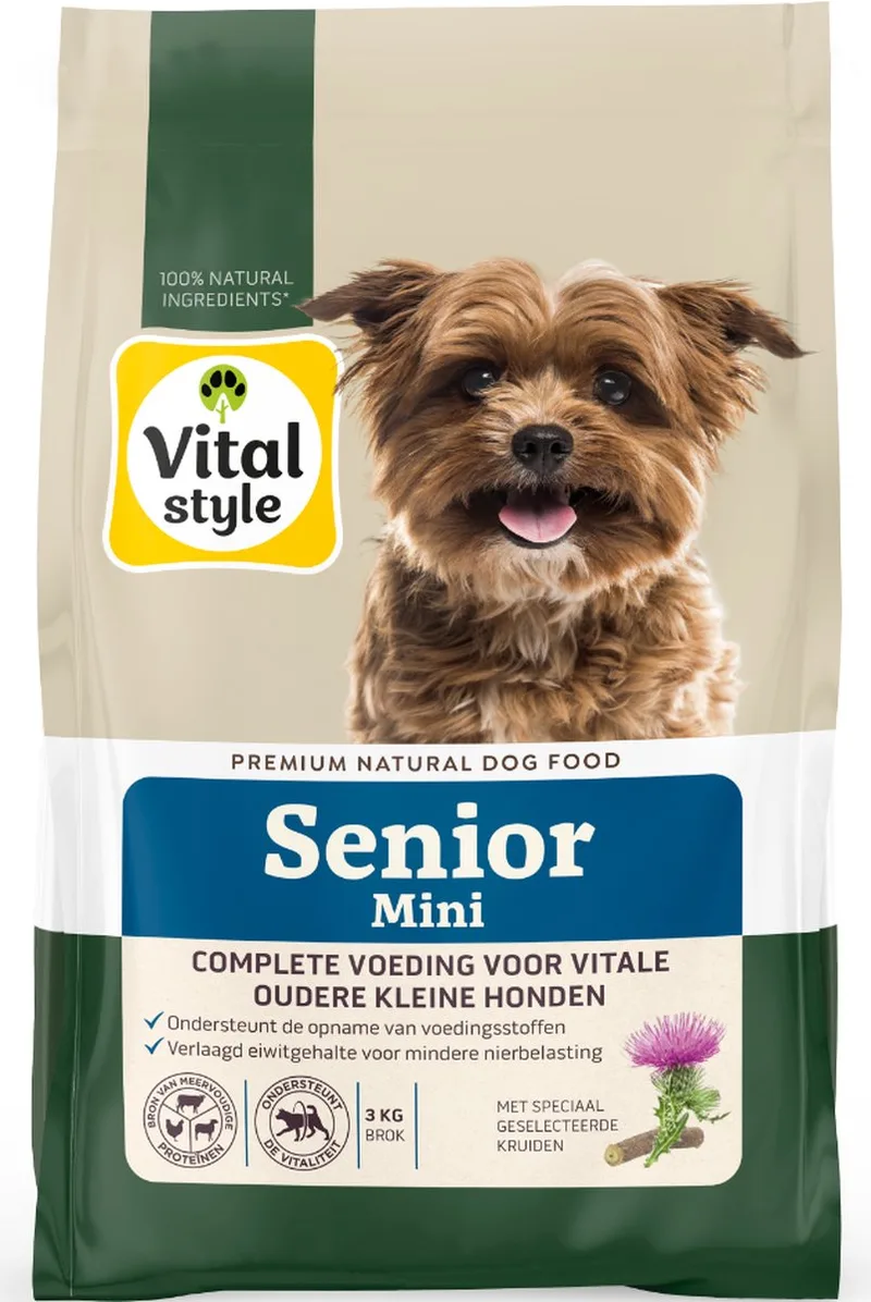 Senior Mini - Extra Ondersteuning Voor De Oudere Hond - Met o.a. Chichoreiwortel & Zoethoutwortel – Hondenvoer - 3 kg by VitalStyle – product photo