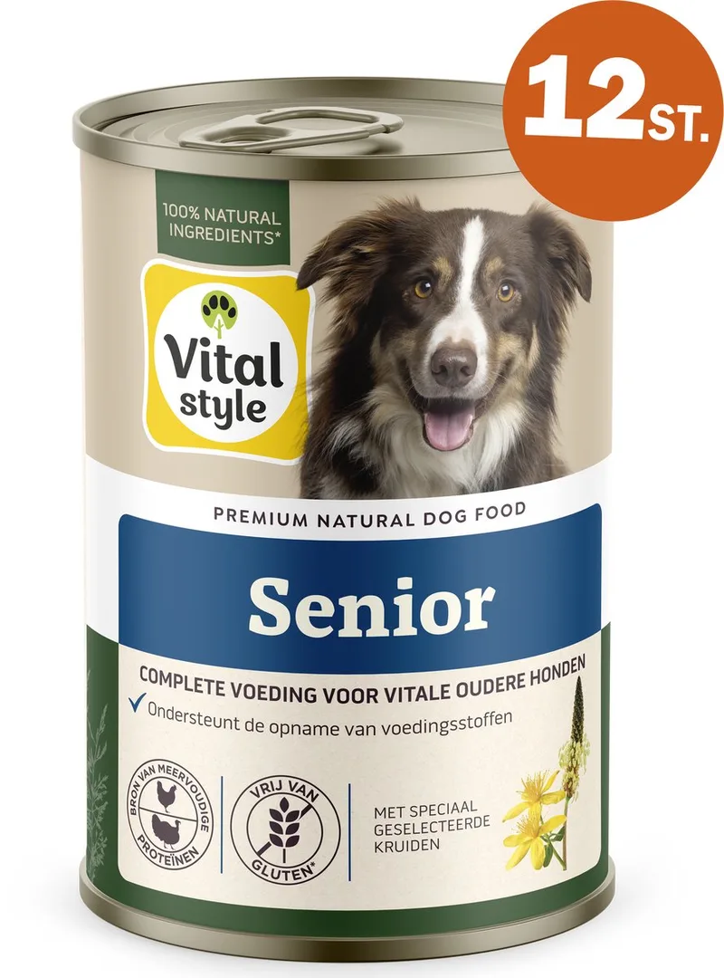 Senior - Natvoer - Extra Ondersteuning Voor De Oudere Hond - Met o.a. Smalle Weegbree & Sint Janskruid - 12 x 400 g de VitalStyle – photo produit