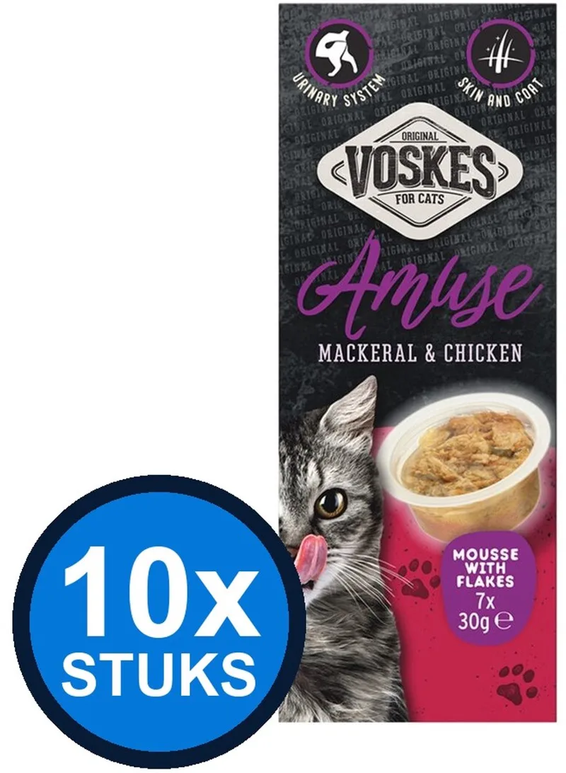 10x Voskes Amuse Mousse Makreel & Kip - Kattensnack - 7x30g de Voskes – photo produit