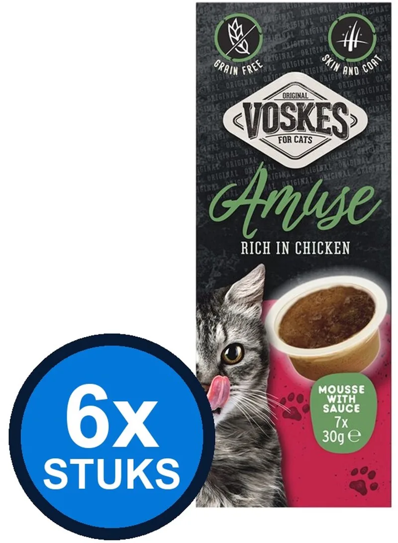 6x Voskes Amuse Mousse Rijk aan Kip in Saus - Kattensnack - 7x30g fra Voskes – produktbillede