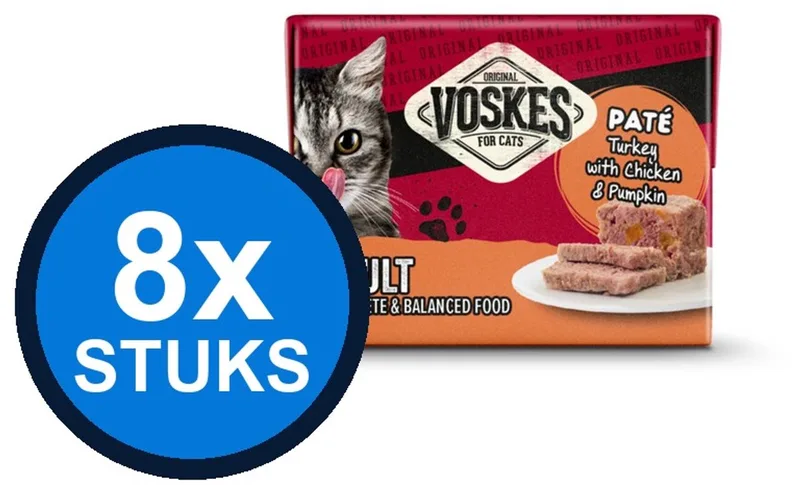 8x Voskes Original Paté Adult Kalkoen Kip & Pompoen Multipack 8x95g - Kattenvoer Nat de Voskes – photo produit
