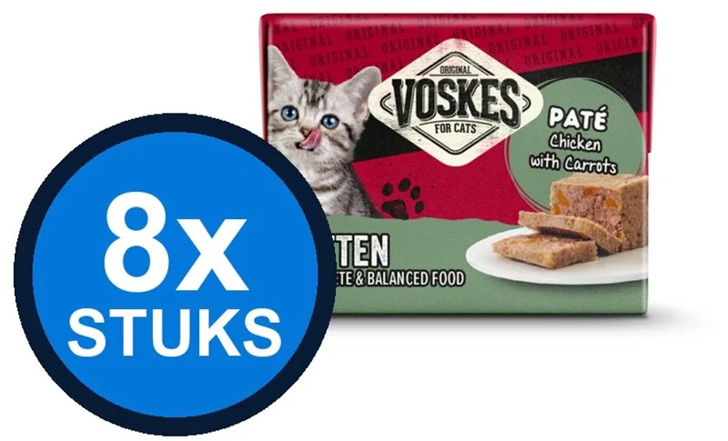 8x Voskes Original Paté Kitten Kip & Wortelen Multipack 8x95g - Kattenvoer Nat de Voskes – photo produit