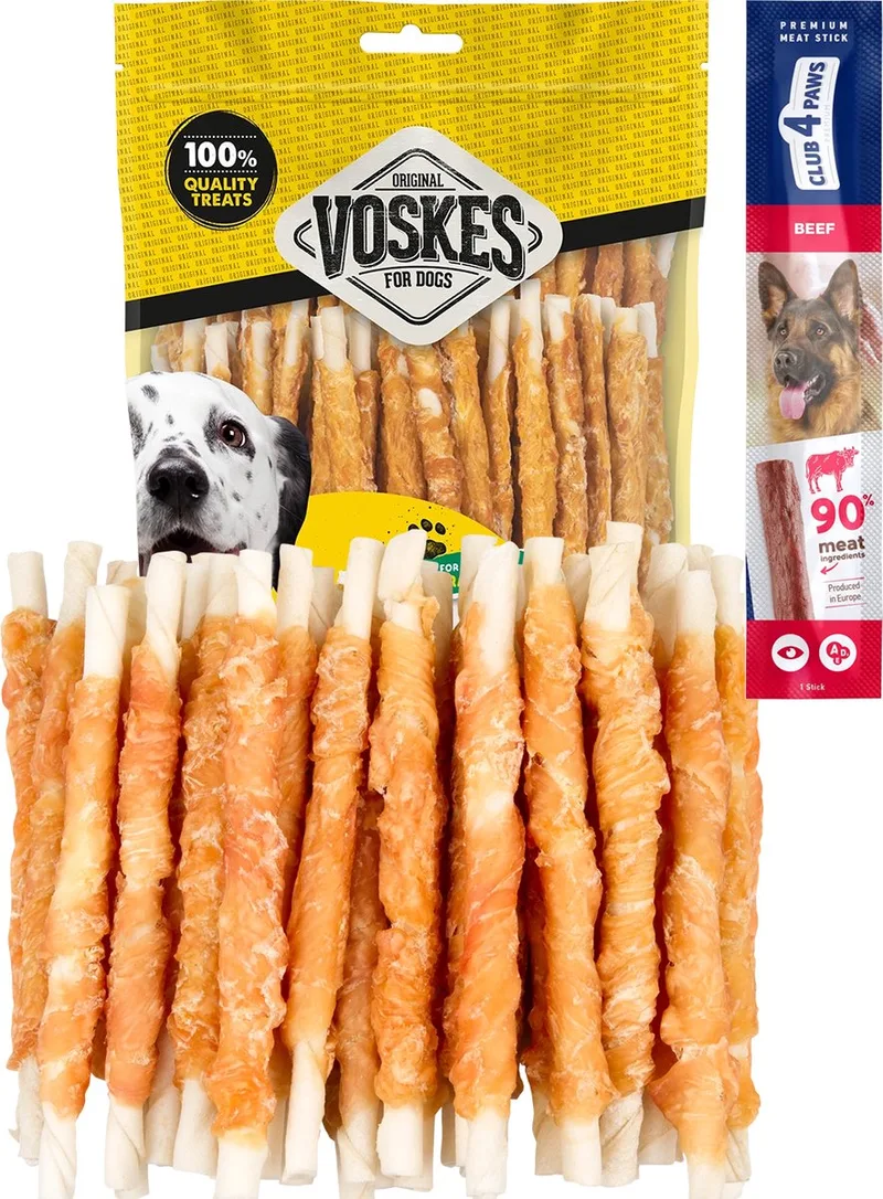 dog chews stick met kip 2 x 400 gram met gratis Club 4 Paws hondensnack von Voskes – Produktfoto