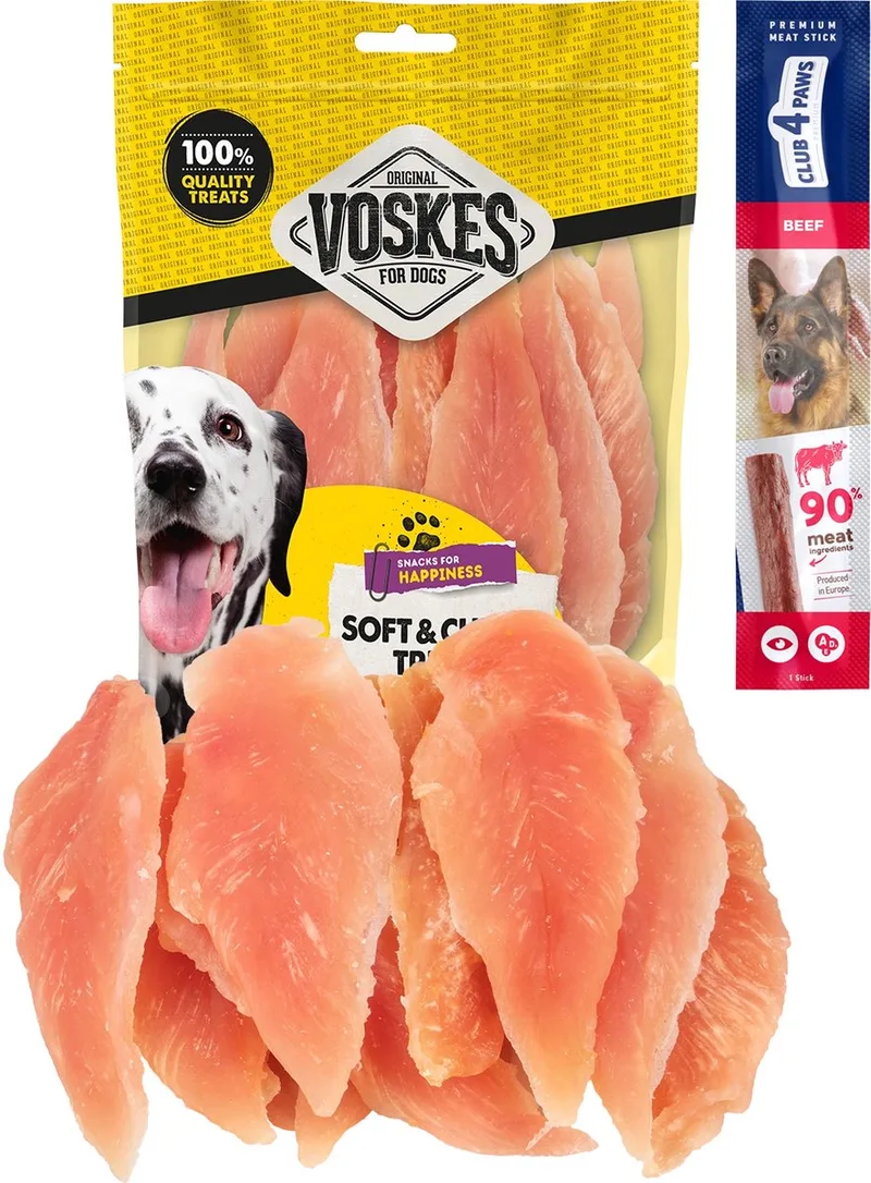 dog treats gedroogde kippenborst 2 x 400 gram met gratis Club 4 Paws hondensnack de Voskes – photo produit