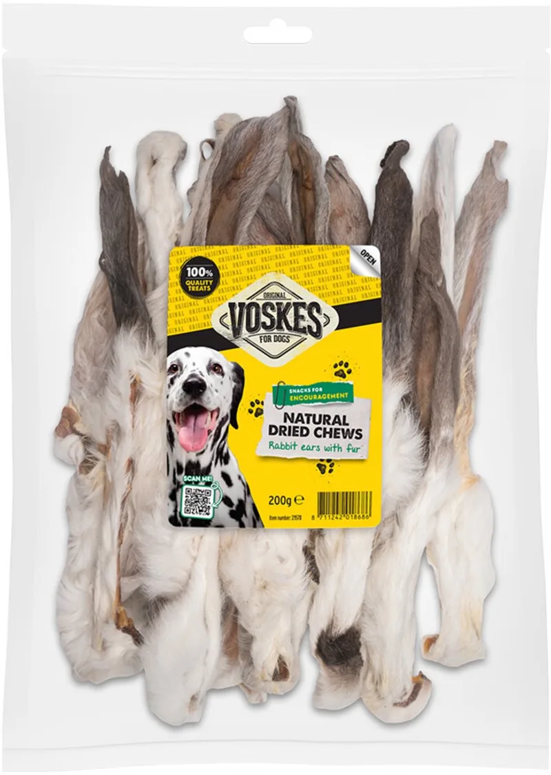 Hondensnack Konijnenoren met Vacht - 18 x 200 gr - Voordeelverpakking de Voskes – photo produit