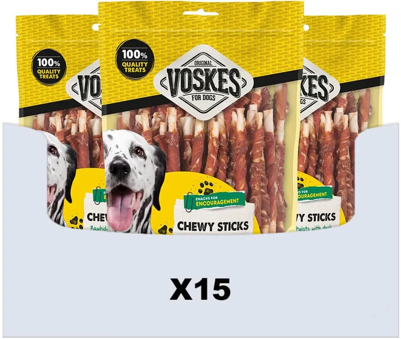 Hondensnack Rawhide Sticks Eend - 15 x 400 gr - Voordeelverpakking de Voskes – photo produit