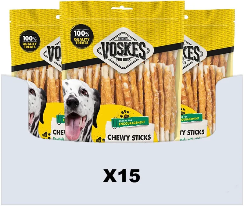 Hondensnack Rawhide Sticks Kip - 15 x 400 gr - Voordeelverpakking de Voskes – photo produit