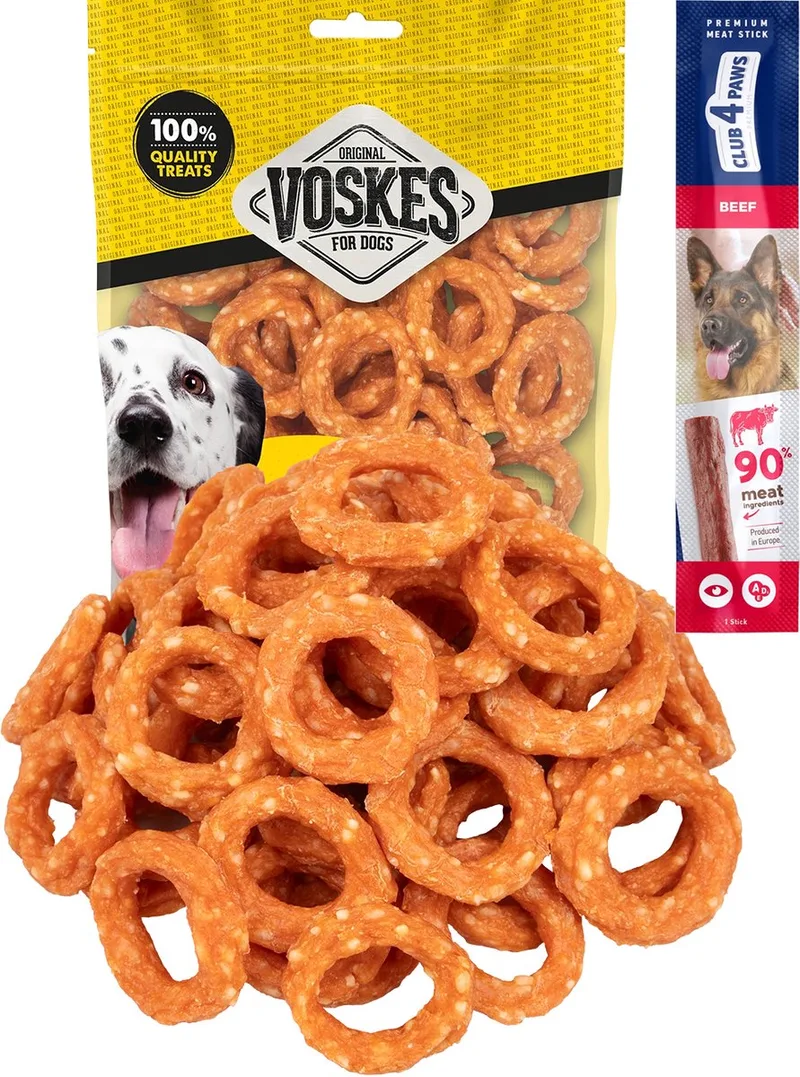 kip en rijst ringen 2 x 400 gram met gratis Club 4 Paws hondensnack von Voskes – Produktfoto