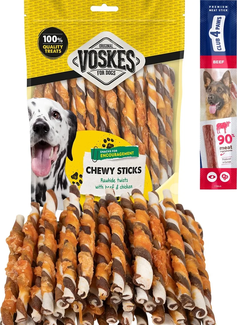 runderhuid sticks rund en kip 2 x 400 gram met gratis Club 4 Paws hondensnack de Voskes – photo produit