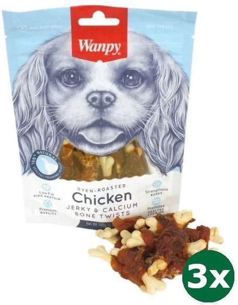 3x100 gr Wanpy oven-roasted chicken jerky / calcium bone twists hondensnack by Wanpy – product photo