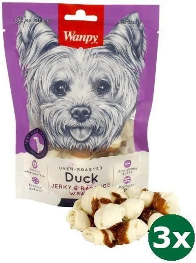 3x100 gr Wanpy oven-roasted duck jerky / rawhide wraps hondensnack by Wanpy – product photo