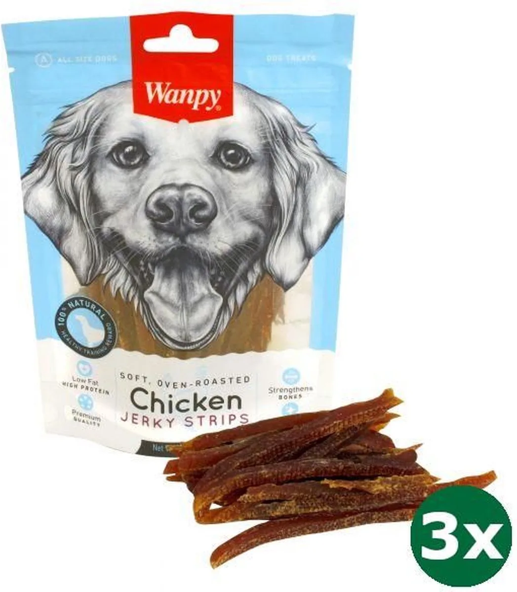 3x100 gr Wanpy soft oven-roasted chicken jerky strips van Wanpy – productfoto