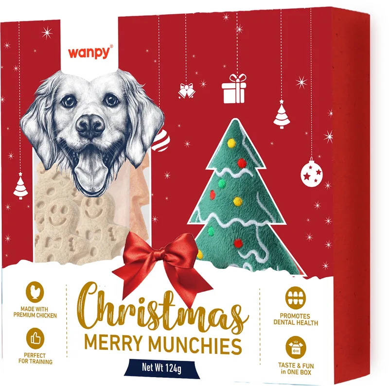 Christmas Merry Munchies - Kerstpakket voor Honden – Kipsnacks & Kerstboom Speeltje - Christmas Gift Box by Wanpy – product photo