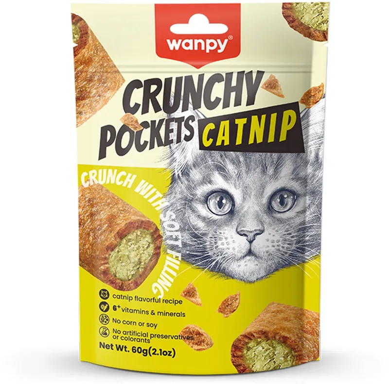 Crunchy pockets - Kattenkruid - Kattensnack - Knapperige snacks met zachte vulling van kattenkruid en kip de Wanpy – photo produit