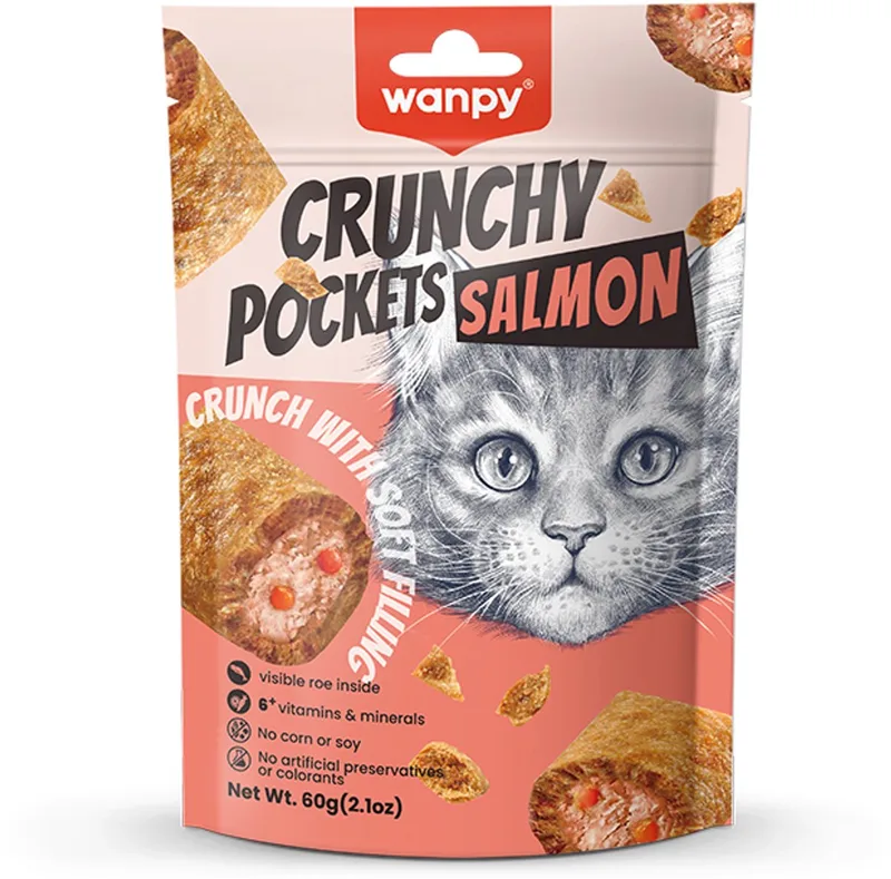 Crunchy pockets - Zalm - Kattensnack - Knapperige snacks met zachte vulling van zalm met kaviaar von Wanpy – Produktfoto
