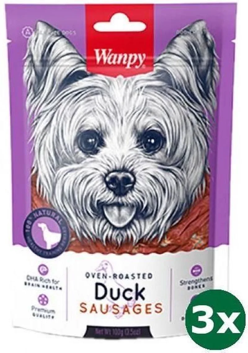 Geroosterde eend worstjes hondensnack 3x100gr van Wanpy – productfoto