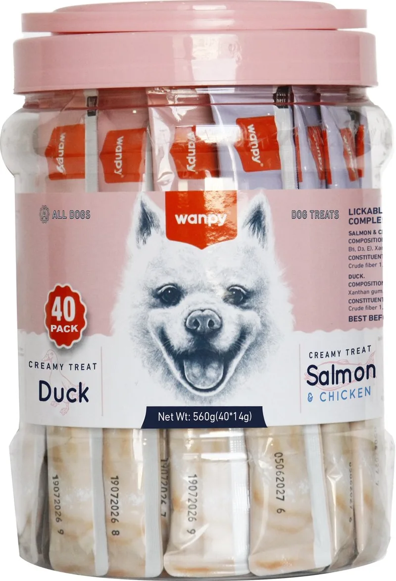 likbare hondensnack - Eend + Zalm & Kip - Voordeelpack 40 stuks - Hondensnacks - Creamy Treat by Wanpy – product photo