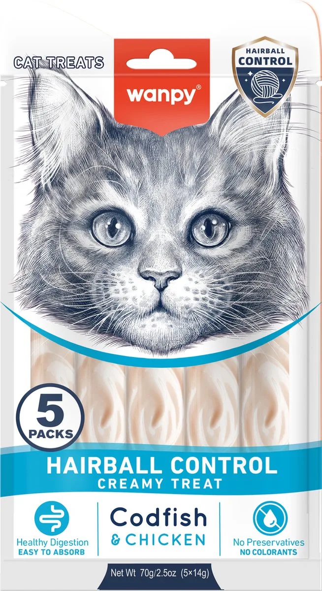 Likbare snack met functie - Kabeljauw & Kip - Haarbal controle - 1 x 5 sticks van 14 gram de Wanpy – photo produit