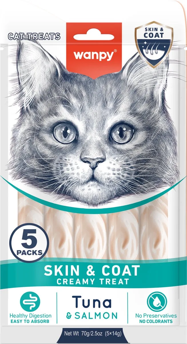 Likbare snack met functie - Tonijn & Zalm - Huid & Vacht - 1 x 5 sticks van 14 gram de Wanpy – photo produit